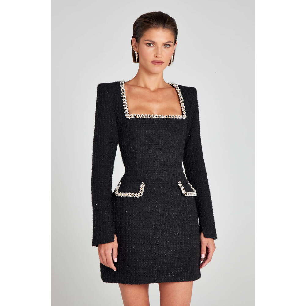 European American slim fit slimming U-neck long sleeved nail bead small fragrant dress for women, 2025 new style chic and elegant clothing