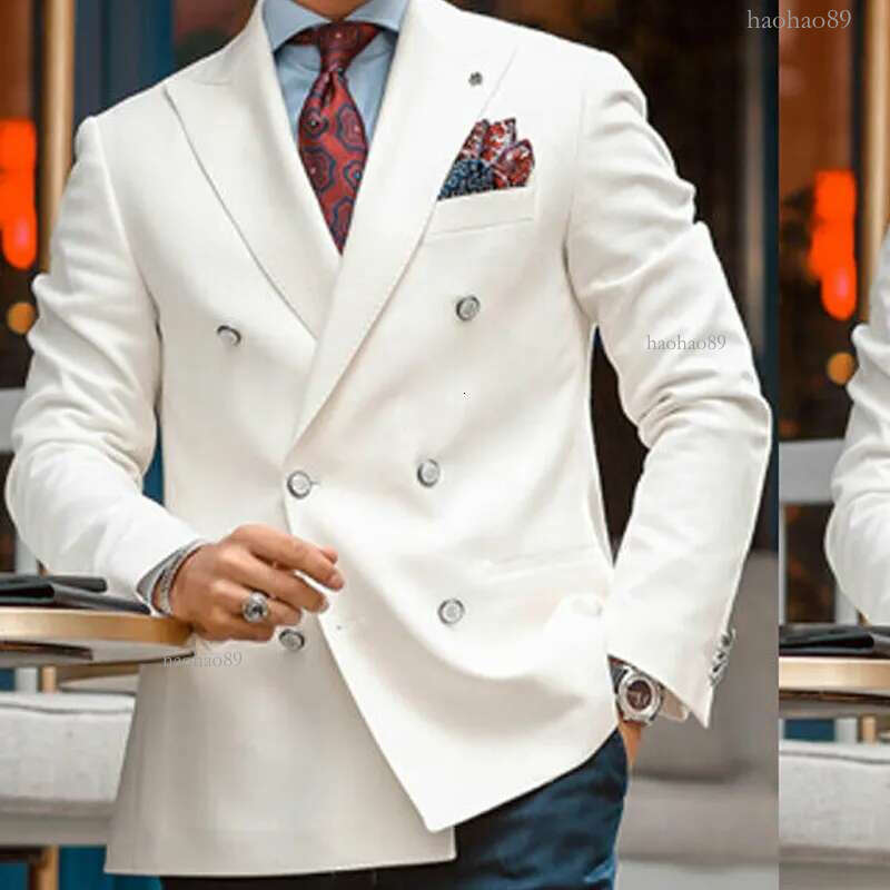 White Double Breasted Blazer for Men Slim Fit Single One Piece Male Suit Jacket with Peaked Lapel Italian Style Casual Coat 201104