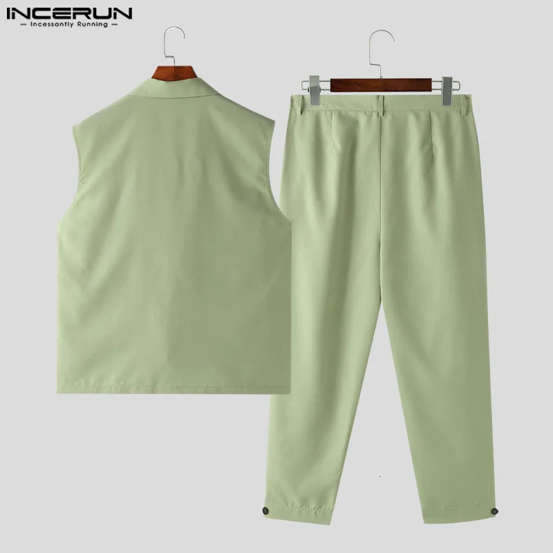 INCERUN Men Sets Solid Color Lapel Sleeveless Double Breasted Vests Pants 2PCS Streetwear 2024 Fashion Casual Suits S5XL y250303
