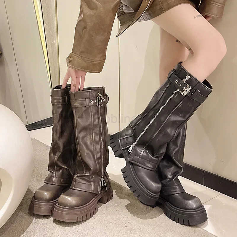 Winter Wen Biker Boots Modern Boot 2024 Fion Belt Buckle Ladies Platform Long Pipe Booties Casual Wens Knee High Booties Z250304