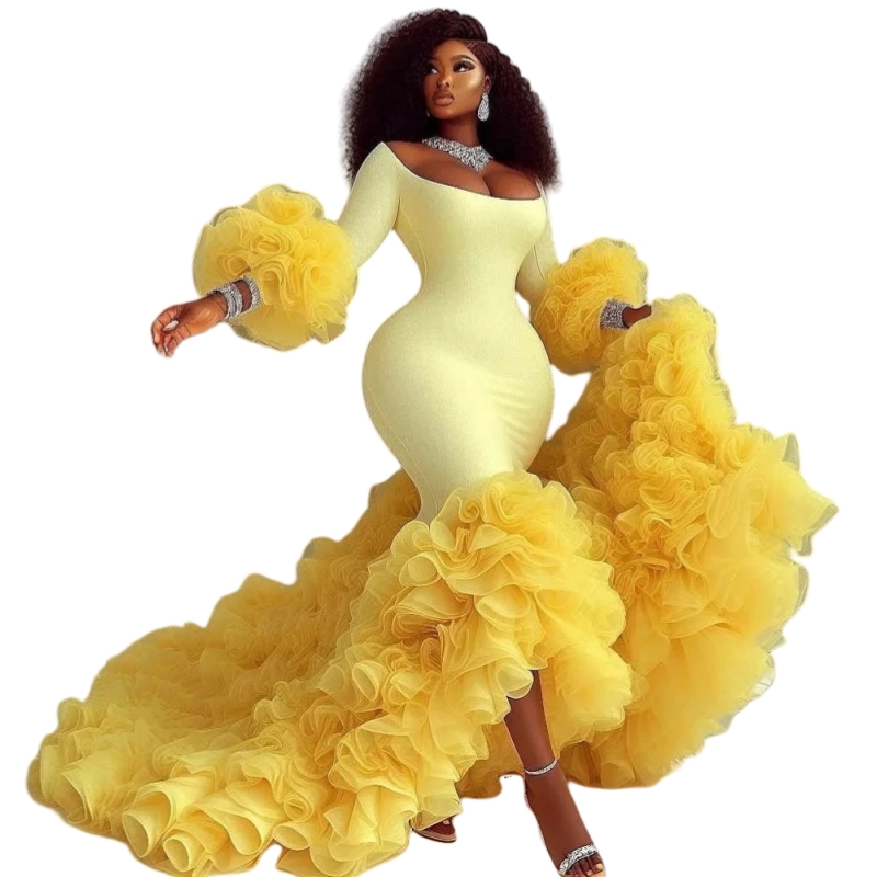 Stylish Ruffles Tiered Mermaid Prom Dresses African Long Sleeves Yellow Pageant Party Gowns Scoop Neck Back Zipper Elegant Evening Dress