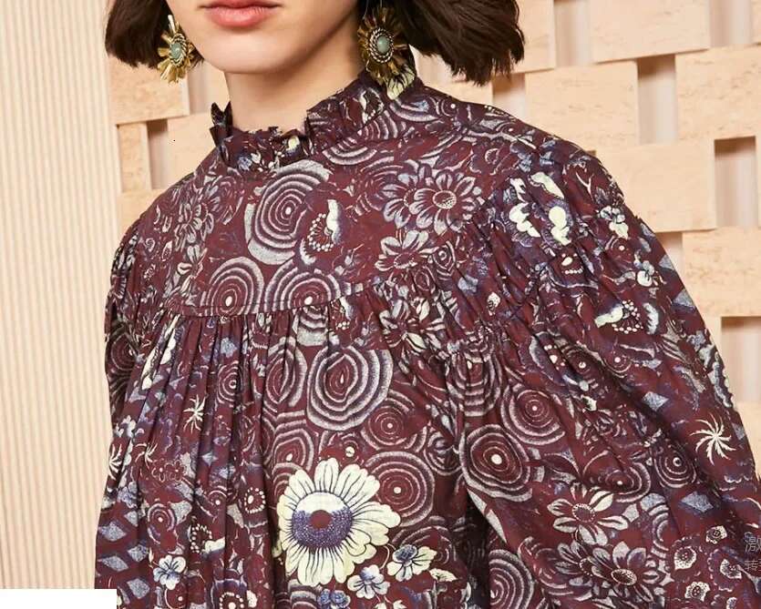 2025 Autumn New Women Artistic Oil Painting Printing Big Lantern Sleeve Round Neck Blouse Shirring Long-Sleeved Shirt