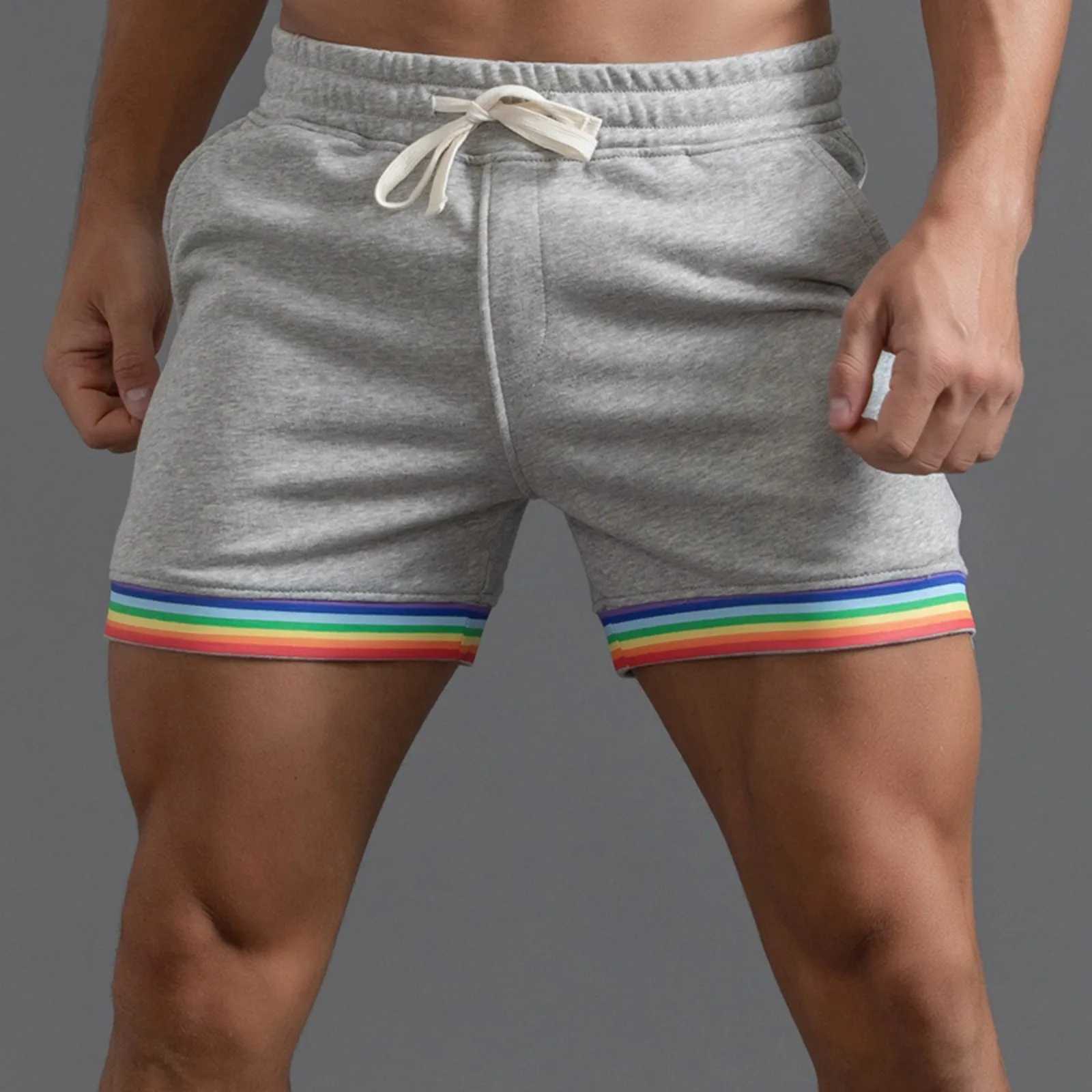 Polyester Shorts Men Summer Solid Color Rainbow Pants Pocket Drawstring Loose Casual Sports Running Glitter Foam StarT250304