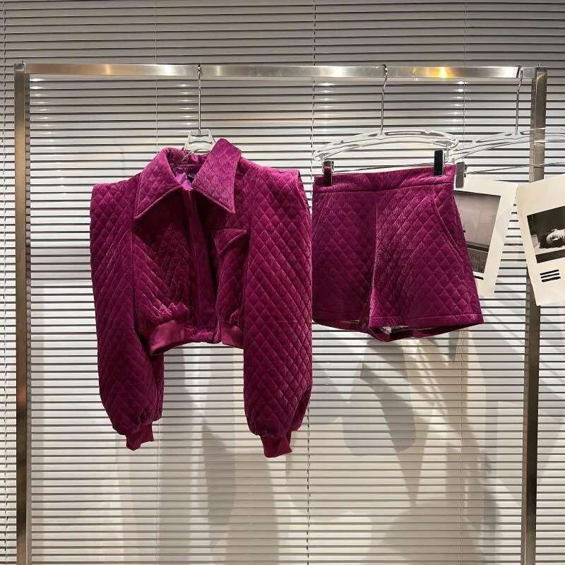 3-15 Winter Girls Cotton Three Dimensional Shoulder Dia Grid Clothes Set Short Jacket+Short 2Pcs Kids Suit Child Outfits