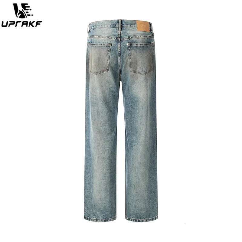 UPRAKF Straight-Leg Pocket Wide Leg Jeans Distressed Pants Casual Denim Autumn Fashion Basic High Street