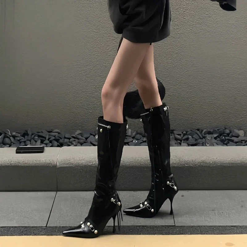 New Wen Knight High Boots Fion Tassels Side Zippers Ladies Elegant Pointed Toe Long Booties Wens Footwear Z250304