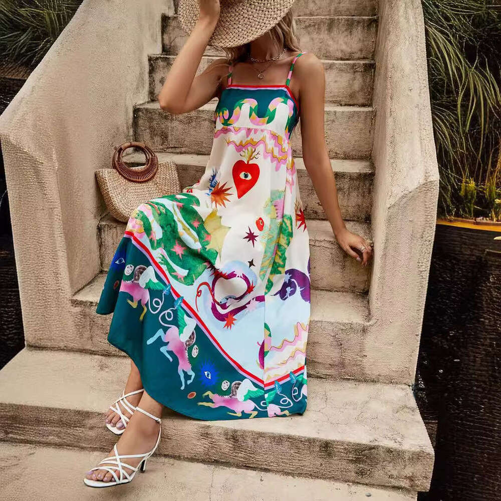 long skirt women's suspender printed cotton en sleeveless large swing dress 2025 new casual versatile fashion clothing
