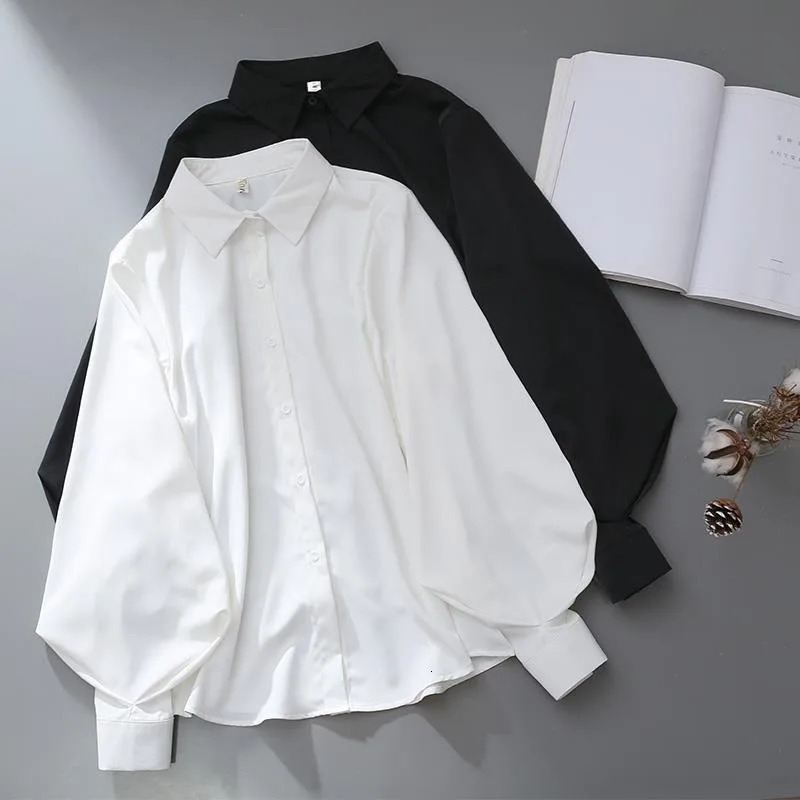 Blouses Tops Women White Black Long Lantern Sleeve Office Lady Temperament Autumn Winter Basic All-match Chic Female 250228