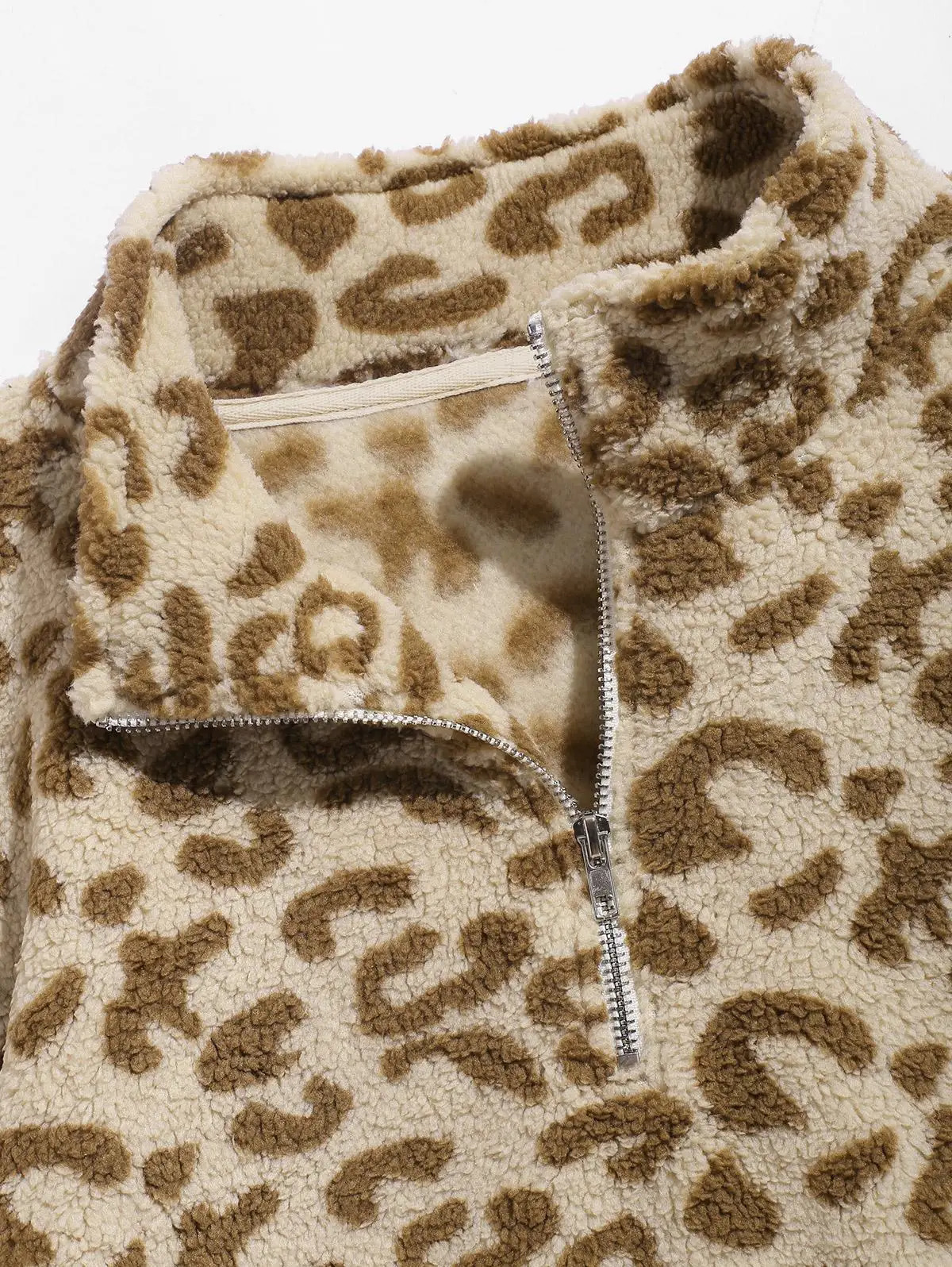 Mens Faux Fluffy Sherpa Fleece Leopard Pattern Half Zip Stand Collar Kangaroo Pocket Pullover Sweatshirt 250304
