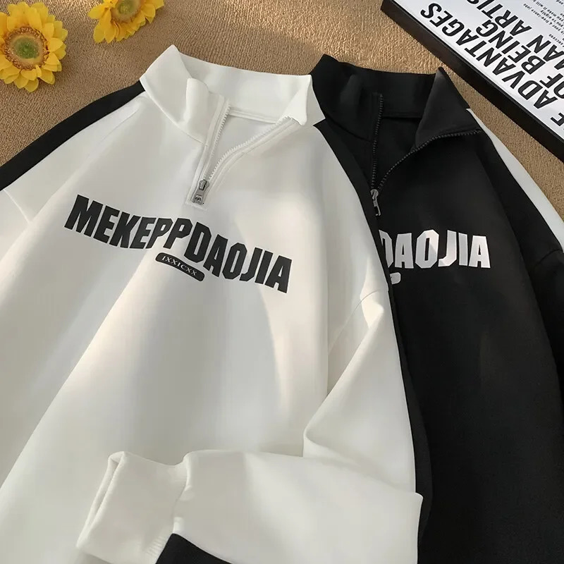 Mens Street Contrast Color Sweatshirt Half Zipper Standing Collar Long Sleeve Tops Couple Korean Style Letter Print Sweatshirts 250304