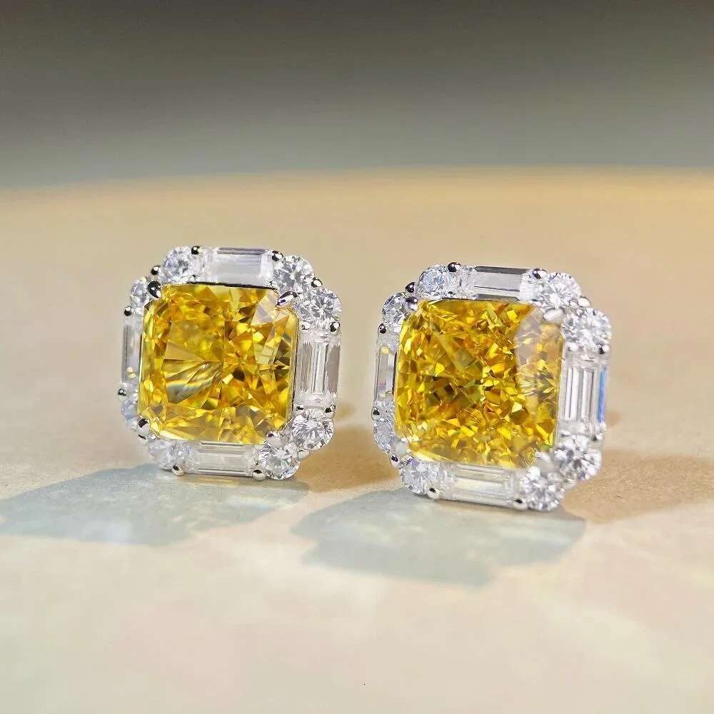 Top Quality 100% Sterg Sier 10CT Radiant Cut Citrine Sapphire High Carbon Dia Wedding Party Stud Earrings for Women