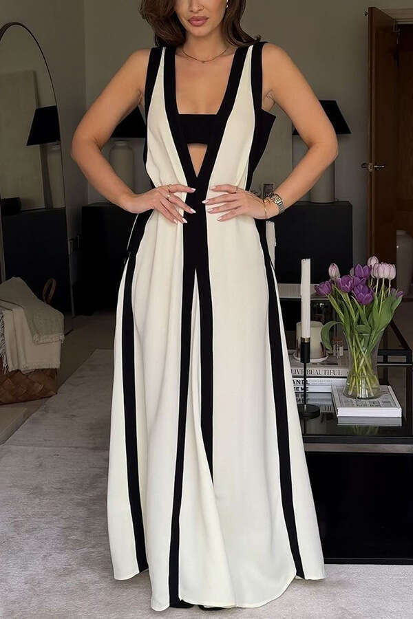 European and American sexy double-sided V-neck contrasting dress 2025 new casual versatile fashion clothing