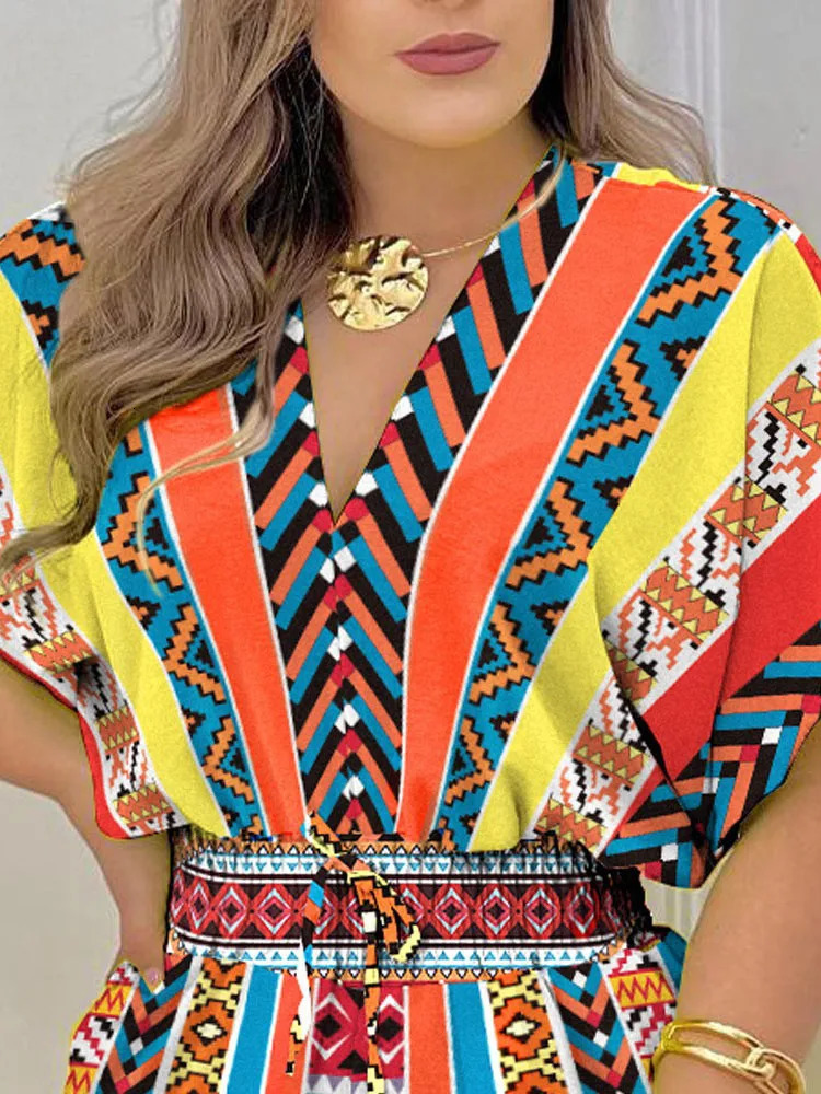 Elegant Women Summer Jumpsuit Casual Short Sleeve V Neck Lace-up Print Romper Jumpsuit Shorts Womens Clothing Overalls Female 250303