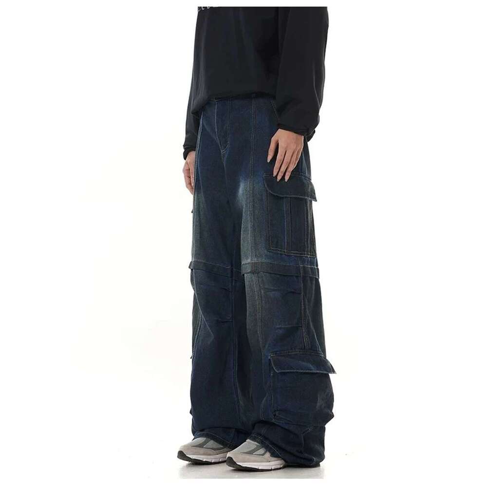 Frog Drift American Style Streetwear Clothing Vintage Cargo Jeans Loose Pocket Zipper Pants Trousers For Men Woman