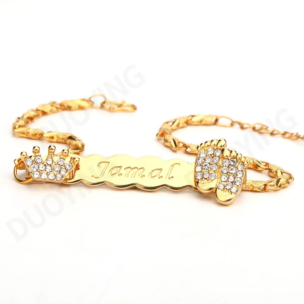 DUOYING Custom Baby Name Footprint Bracelet Personalized Crown Zircon Nameplate Bracelets Engraved Cute Name Bar with Birthstone 250304