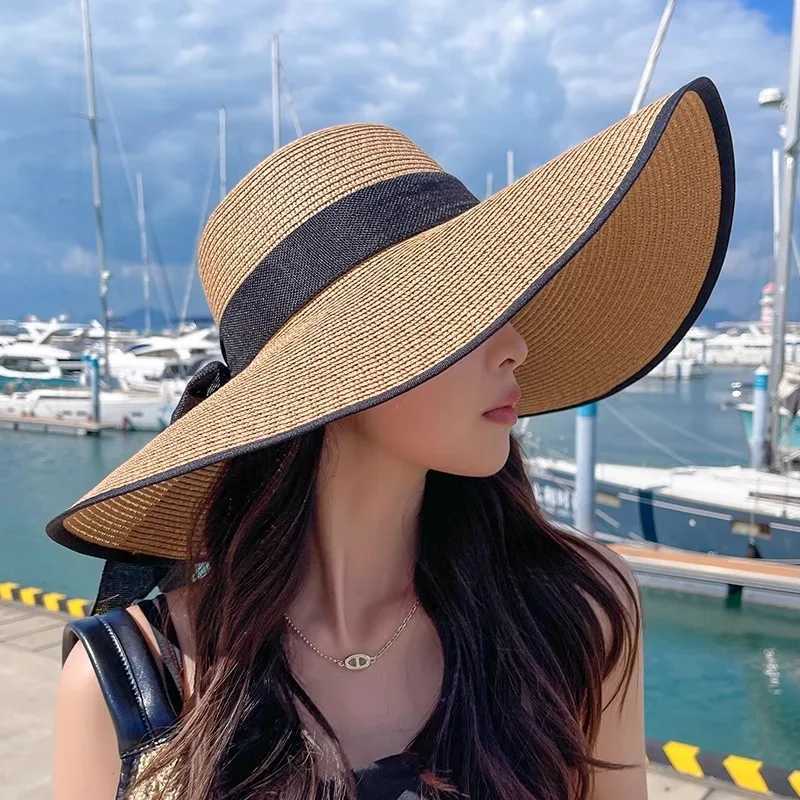 Summer Womens Sun Hat Extra Wide Brim Foldable Polyester Woven Craft Perfect for Sun Protection at the BeachXJ250304