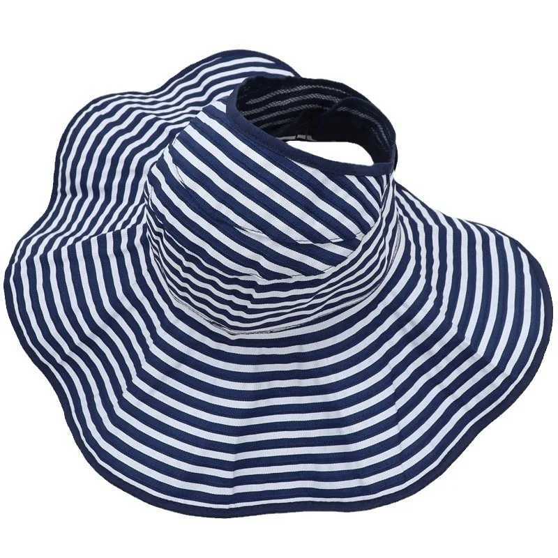 Outdoor Traveling Foldable Visor Hat Summer Wide Brim Stripe UV Protection Sun C For Women Ponytail Cs Beach Fisherman HatsXJ250304