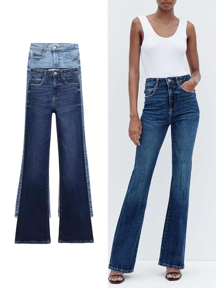 TRAF Women's Slim High Waist Flared Jeans New Pocket Zip Button Closure Stretch Wide Leg Washed Effect Fashion Trousers