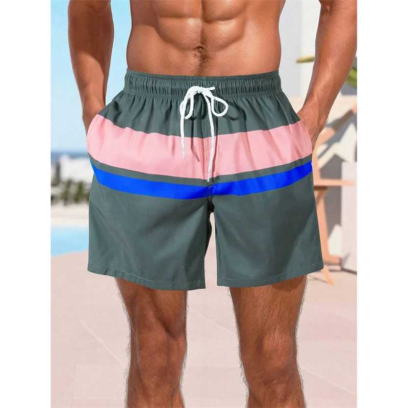 Colorful Stripe Pattern Beach Shorts For Men Color Stitching 3D Printed Swim Trunks Summer Hawaii Board Shorts Loose Short PantsT250304
