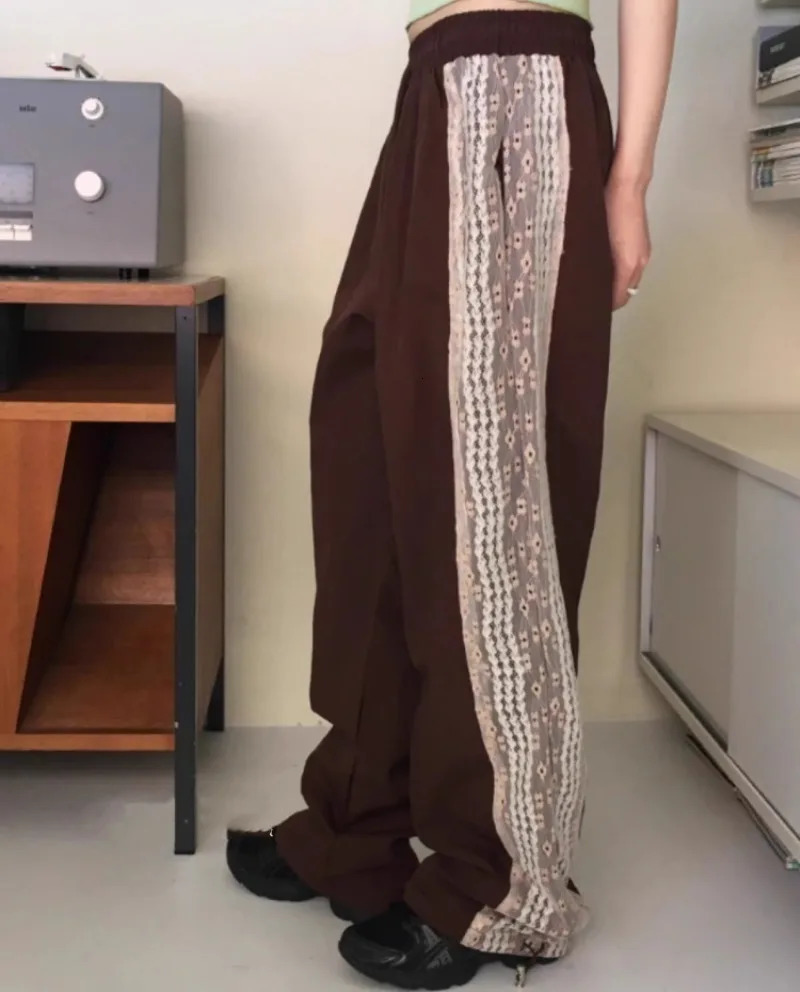 Fashion Vintage Lace Patchwork Nylon Wide Leg Pants 2025 Summer Loose Y2k E- High Waist Straight Trousers 250303
