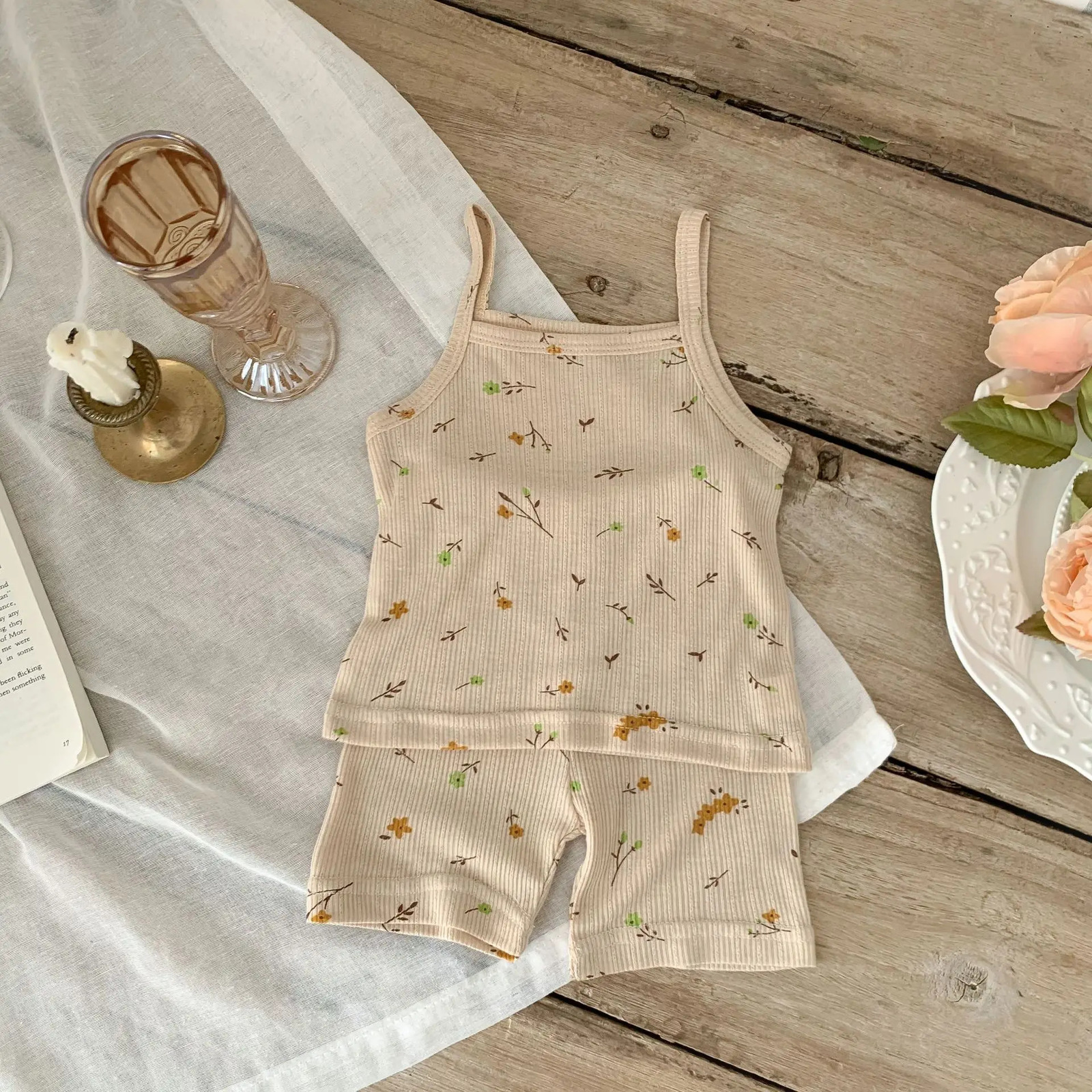 Summer Korean Infant Baby Girl 2PCS Clothes Set Cotton Floral Sling Top Thin Shorts Suit Toddler Casual Clothing 250303