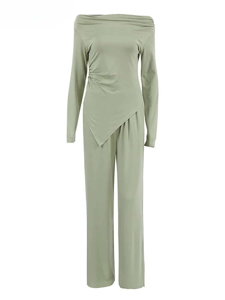 Gray Office Knitwear Pants Sets Women Slash Neck Tees And Wide Legs Trousers Solid Two Pieces Suits Spring 2024 Lady