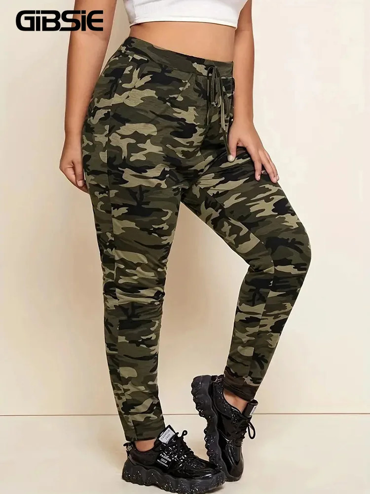 GIBSIE Plus Size Camouflage Print Knot Front Legging Spring Summer High Waist Casual Fashion Slimfit Leggings Female 250304