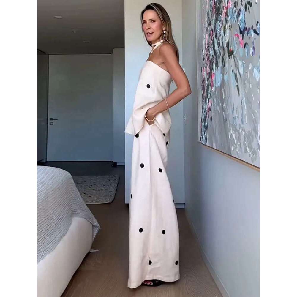 Fashion Printed Women Pants Set Casual Sleeveless Backless Split Wide-Legged Trousers Loose 2 Piece Suit 2025 New Female Outfit