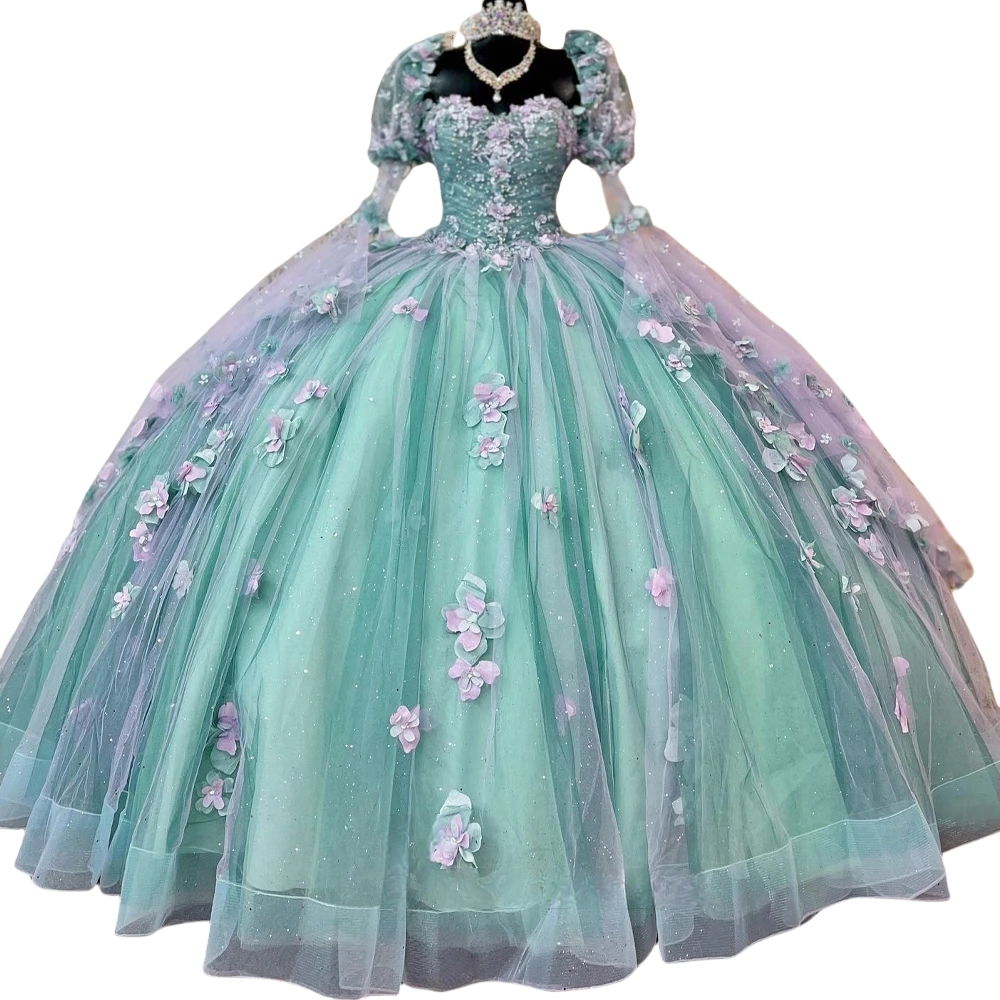 Exquisite Flare Sleeves Ball Gowns Quinceanera Dress Flowers Pleats Beaded Green And Pink Sweetheart Neck Floral Appliques Prom Dress 15 Anos Vestido