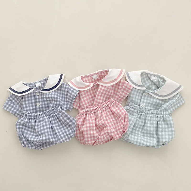 Baby Girl Clothes Set Infant Boy Short Sleeves T-shirt And Bread Shorts 2pcs Sets Toddler Unisex Cotton Plaid Topsbloomer Suit 250304