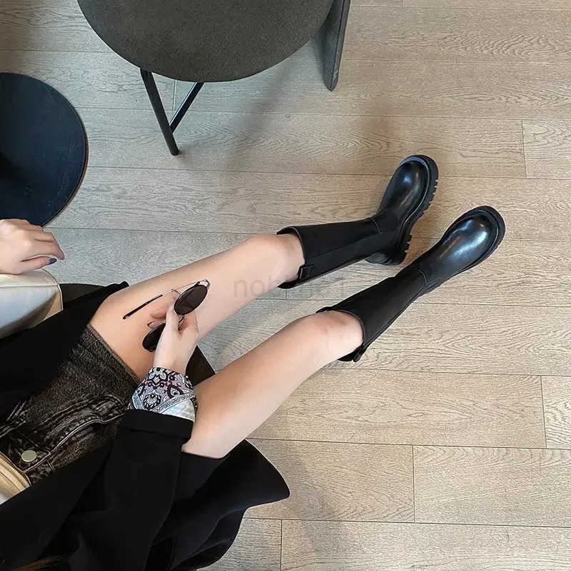 Ladies Shoes 2024 Knee-High Wens Boots Platform Modern Boots Wen Sewing Round Toe Back Zip Med Heel Shoes Fem Zapatos Z250304