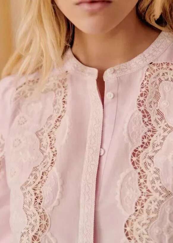 100% Cotton 2025 Spring New Round Neck Lace Embroidery Design Pink Ladies Shirt