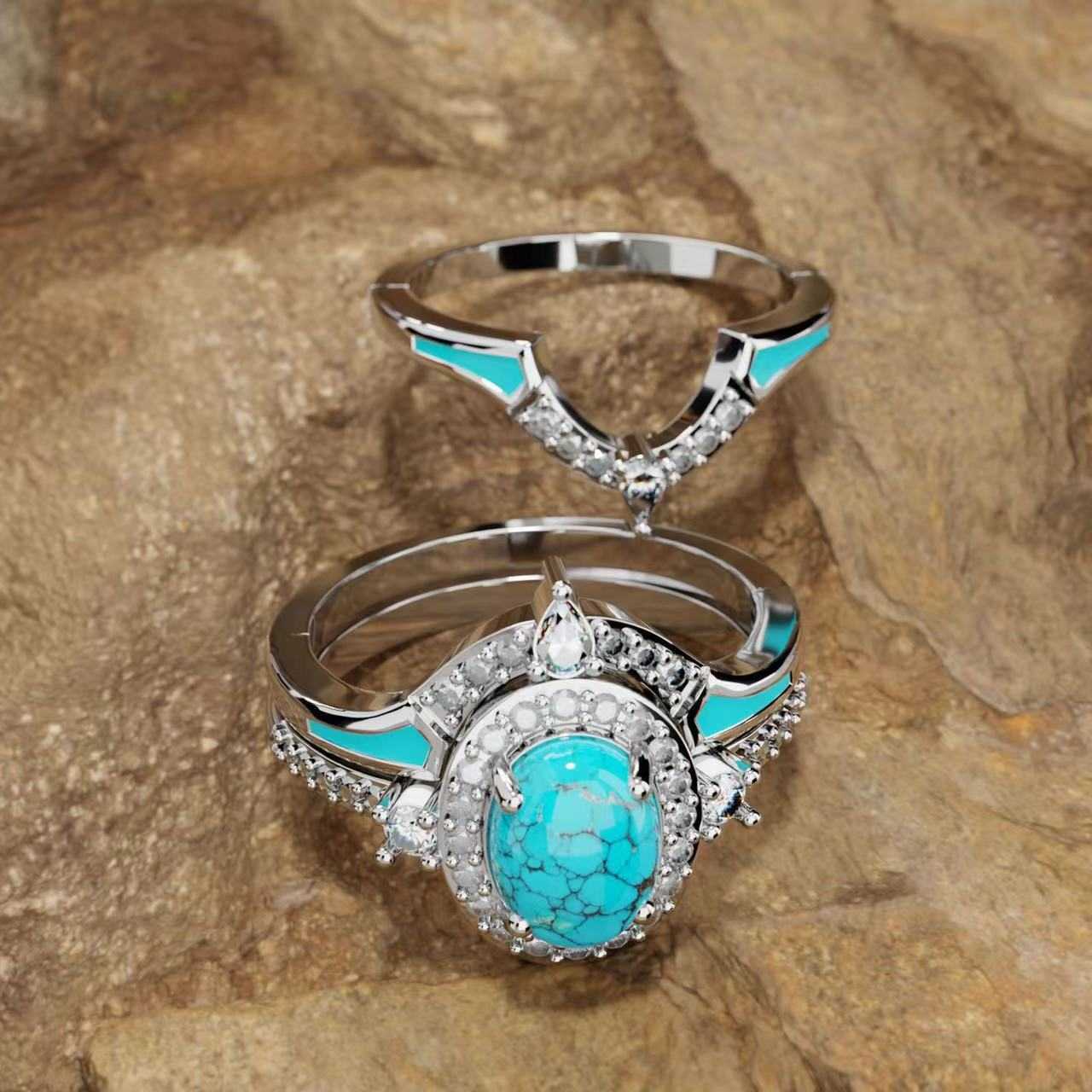 Couple Rings Sanjie New Product Fashion Diamond Set Blue Turquoise Three Piece Ring Set H25303