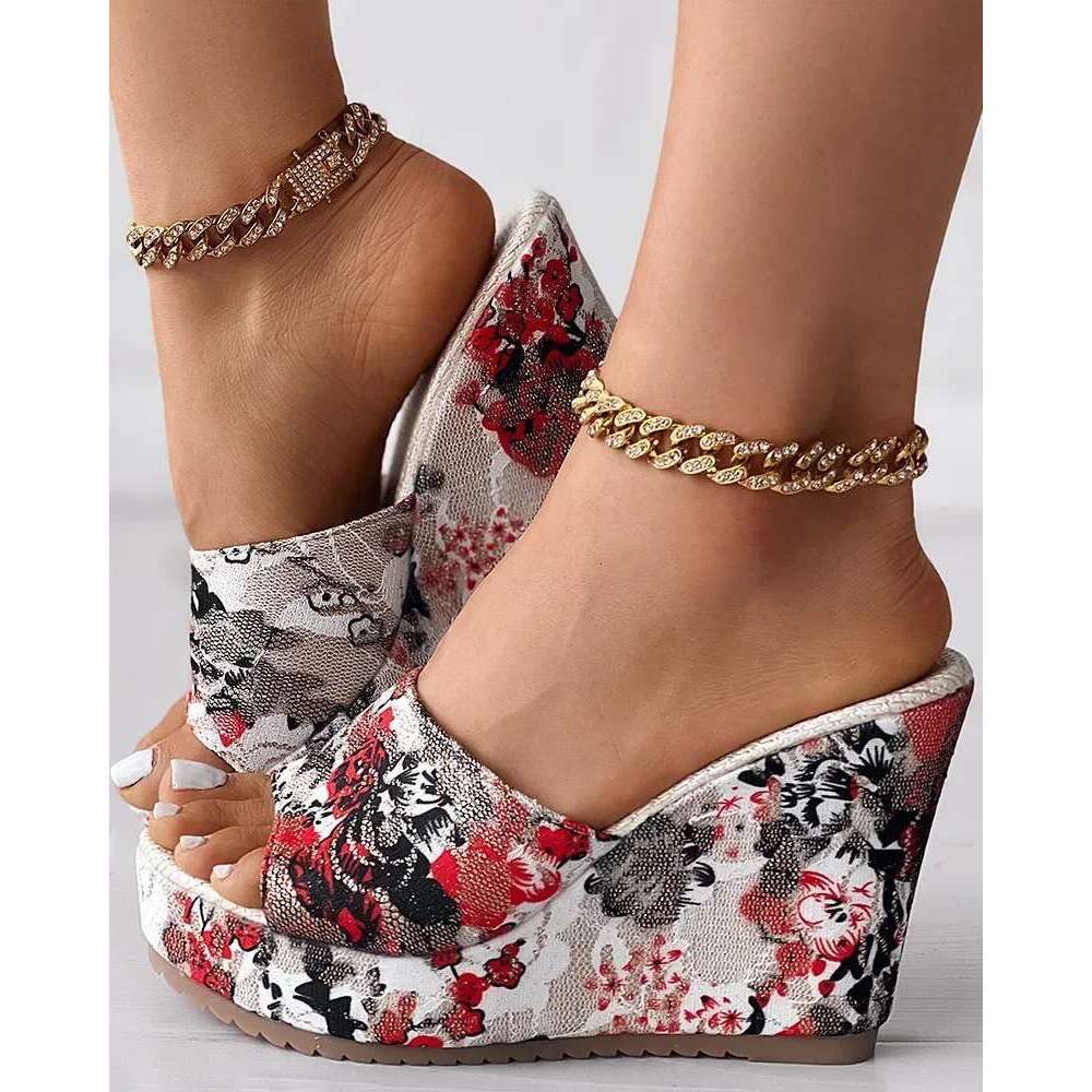 Fashion Shoes Women Casual Flip ps Summer Vintage ral Print Peep Toe Wedge Slippers