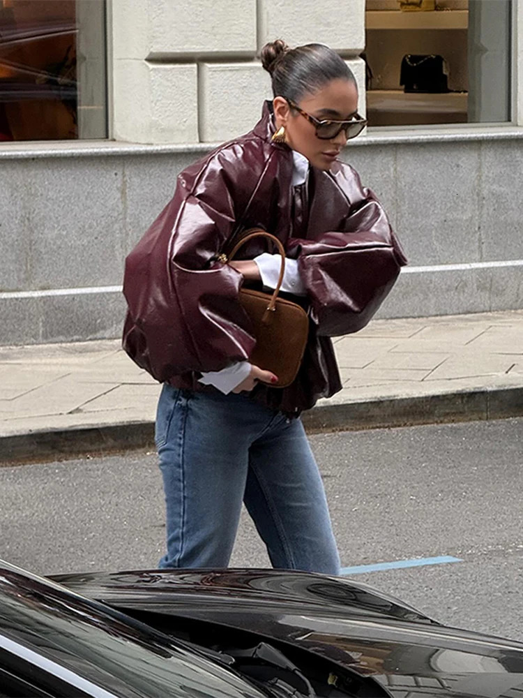 Vintage Burgundy Leather Bomber Jacket Women Chic Lantern Sleeves Zippers Crop PU Female Coat 2025 Loose Ladies Streetwear 250226