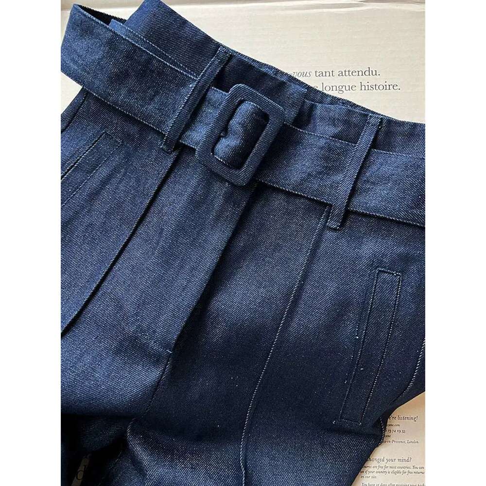 Curled Wide Leg Jeans Women Vintage Classic High Waist Straight Female Cotton Denim Pants With Belt 2025 Fashion