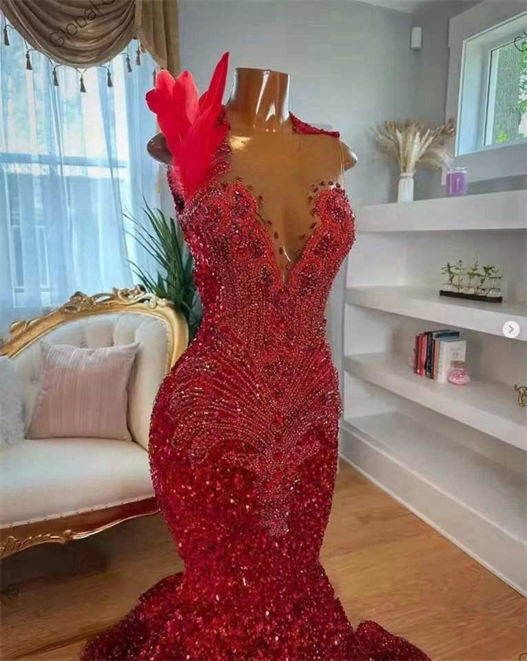 Red High Neck Long Prom Dress For Black Girls 2025 Beaded Crystal Sequin Birthday Party Dresses Feather Evening Gown Customized