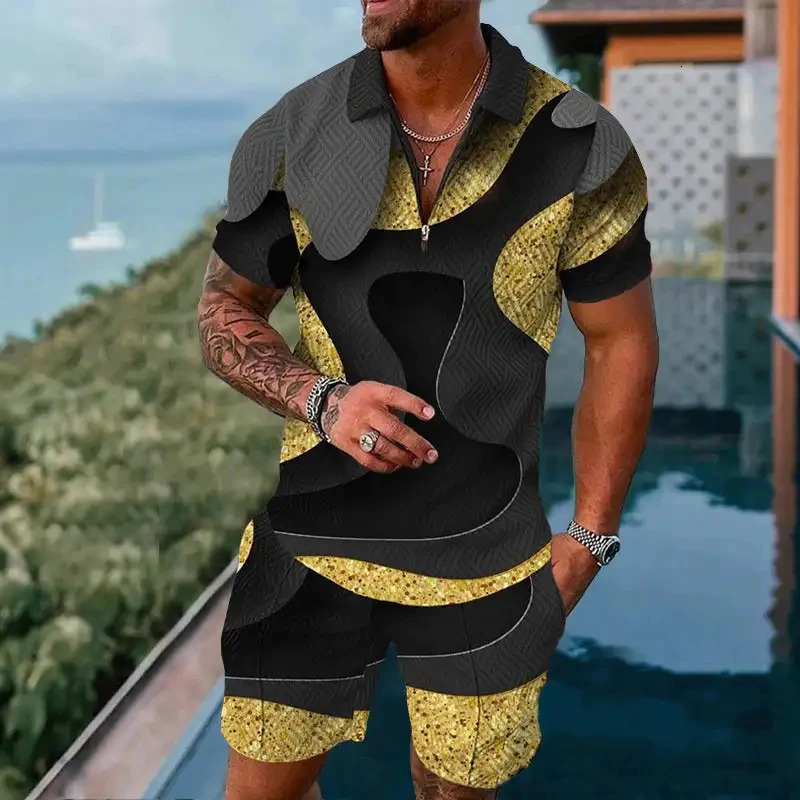 Vintage Casual Striped 3D Print Polo shirt 2pcs Set Zipper Lapel Polo Sets Zipper CollarShorts Hawaii Holiday Style Man Clothes 250304