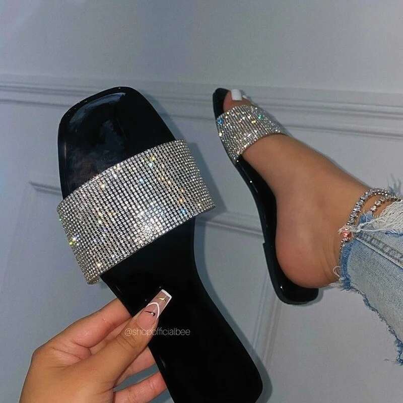 Summer New 2025 Flip-ps Rhie Flat Slippers Ladies Round Toe Shiny Sandals Mujer 43
