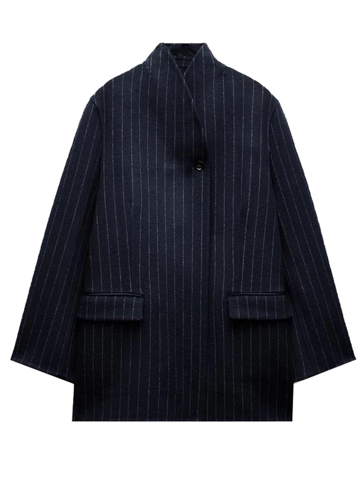 Stripe Womens Blazer Coat Fashion Stand Up Collar Long Sleeve Female Coats 2025 Spring Fashion Loose Pocket Lady Outwear 250303