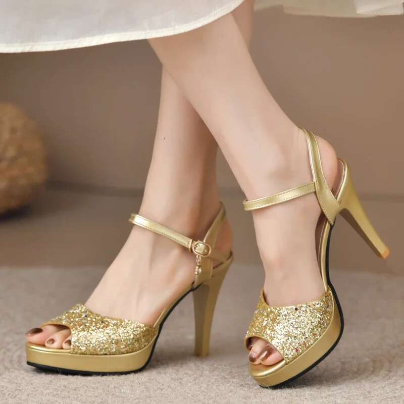 Ladies Gold Elegant Glitter Super High Heels Shoes Woman Peep Toe Ankle Strap Pumps Women Summer 2025 Platform Sandals Mujer 40