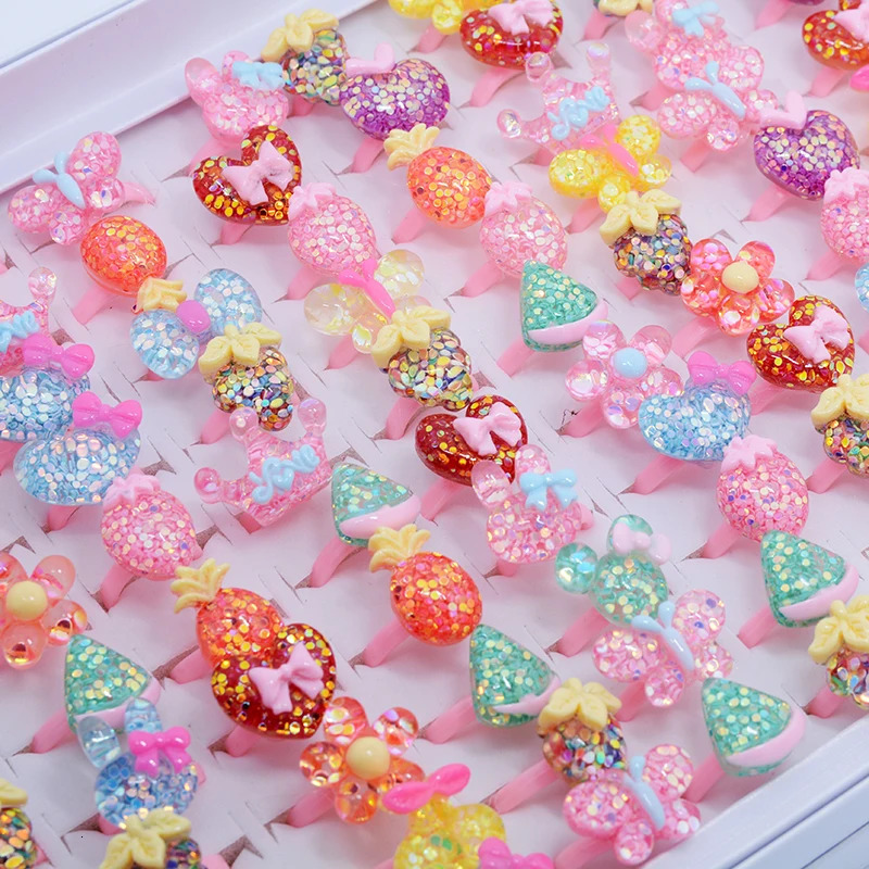 Wholesale 100pc/box Mix Cartoon Animal Mermaid Daisy Gem ring Kids Girl Rings Child Birthday Party Gifts adjustable size 250304