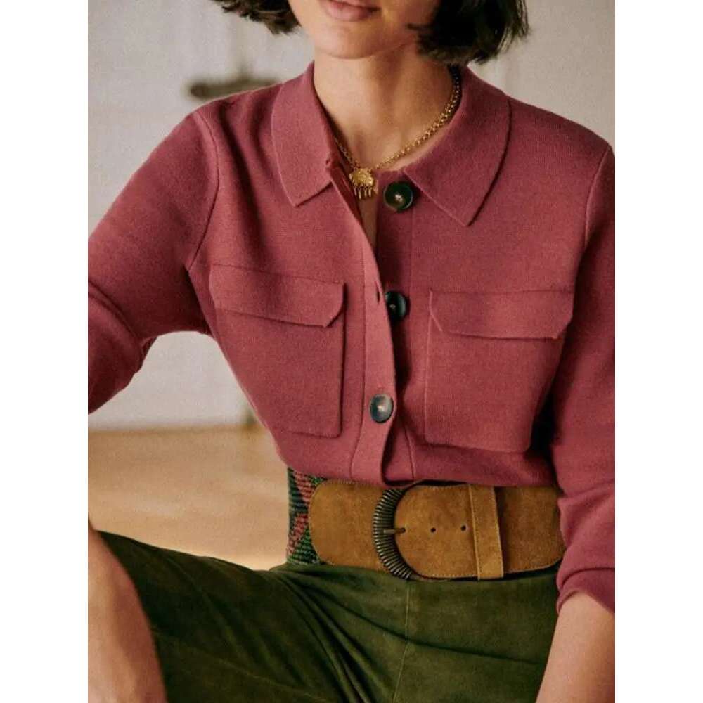 Autumn Women's Turn-Down Collar Sweater Long Sleeve Safari Style Ladies Simple Knit Cardigan With Double Pockets Knitwear