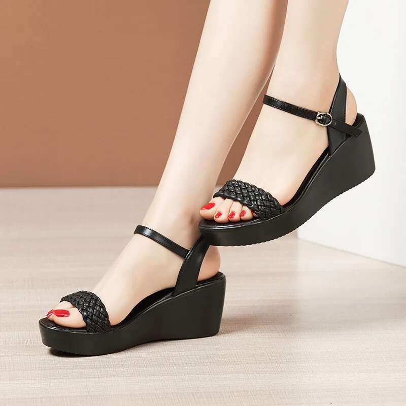 summer high quality leather wedge sandals for women 6cm mid heel new 2025 size 32 33 platform open toe elegant shoe black white