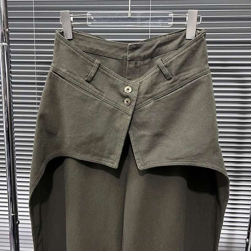 Fashion Fake Two-Piece Straight Solid Color Denim Long Pants For Women Button Patchwork Loose Jeans Female 11A02525