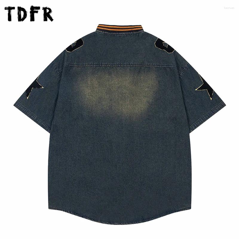 Men's Casual Shirts Letter Embroidery Denim Short Sleeve Mens Retro Streetwear Washed Distressed Spliced Stand Collar Single Breasted