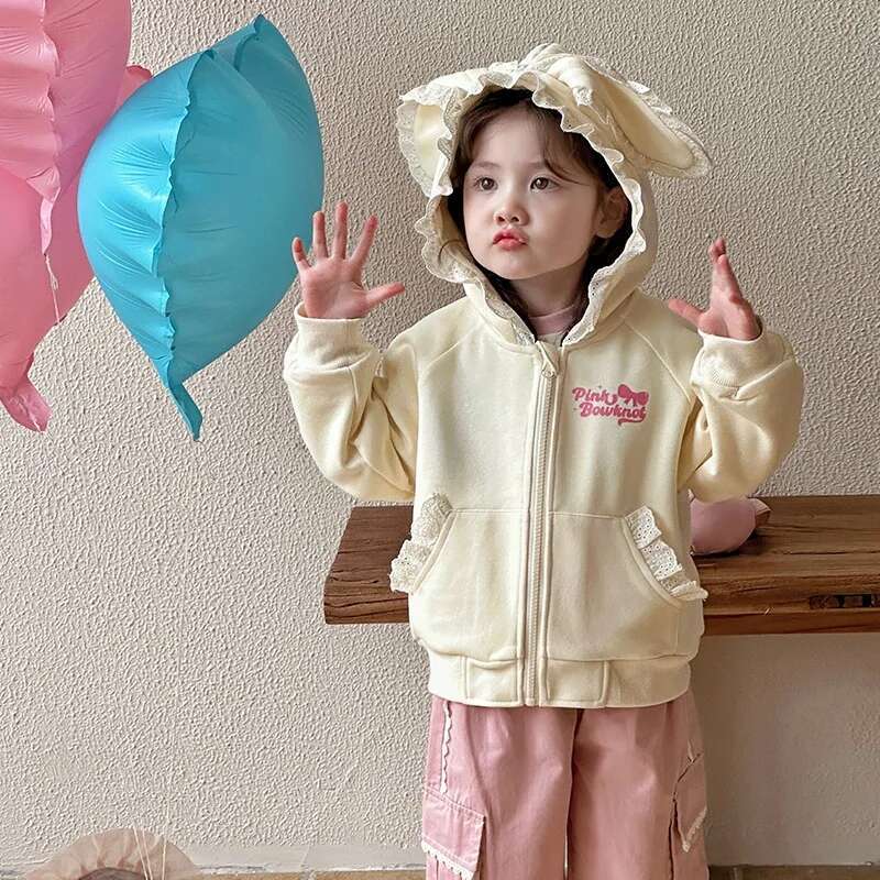 Ddmyshoesvip Spring Korean Baby Jacket Cotton Letter Lace Pocket Hood Kid Coat Loose Zipper Trendy Toddler Girl Outerwear
