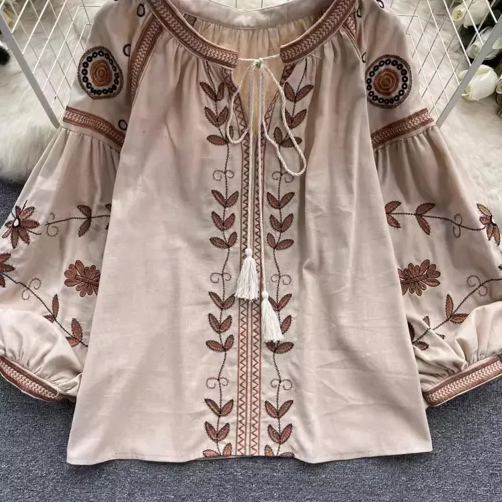 Neploe Women O Neck Puff Sleeve Print Heavy Shirt Panelled Lace Up All-match Embroidery National Style Blouses Tassels Tops 250228