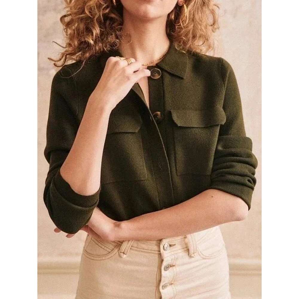 Autumn Women's Turn-Down Collar Sweater Long Sleeve Safari Style Ladies Simple Knit Cardigan With Double Pockets Knitwear