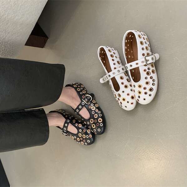 2024 summer new French hollow ballet shoes for women, perforated rivets, flat bottomed shallow mouth, women's niche design, single shoe